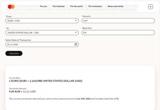 The image shows a Mastercard currency conversion calculator displaying that 9.69 EUR converts to 11.11 USD at a rate of 1 EUR = 1.1461988 USD, based on a July 10, 2026 transaction date. This relates to the post by providing the reference EUR/USD exchange rate (9.69/11.11 = 0.8722) used to compare against etherfi, plasma, and backpack's conversion rates.