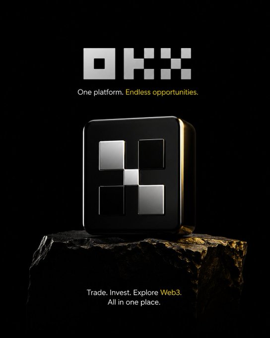 The image shows a sleek OKX brand advertisement featuring a metallic checkered logo cube on a stone pedestal against a black background, with the tagline "One platform. Endless opportunities." and text reading "Trade. Invest. Explore Web3. All in one place." This visually reinforces the post's message that OKX extends far beyond being just a crypto exchange, serving as a comprehensive ecosystem for trading, investing, and Web3 exploration.