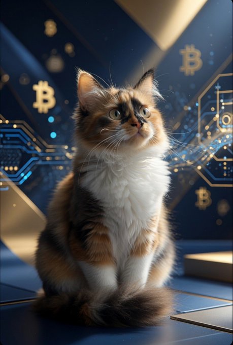 A calico kitten sitting in a futuristic setting with golden Bitcoin symbols and blue circuit board patterns glowing in the background.