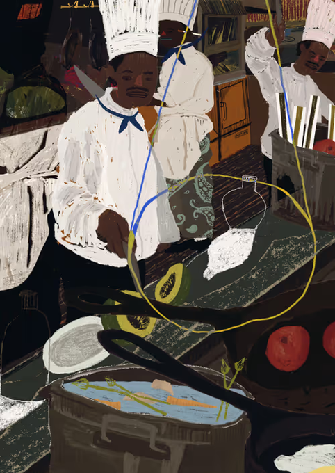 A colorful painting in a folk art style depicting chefs in white uniforms and tall hats working in a busy kitchen with large pots, vegetables, and various ingredients.