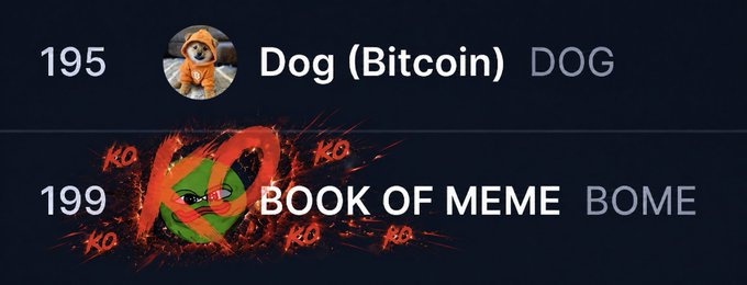 The image shows a cryptocurrency market ranking comparison, with Dog (Bitcoin) ticker $DOG at rank 195 and Book of Meme ticker $BOME at rank 199, illustrating the post's claim that $DOG has just surpassed (flipped) $BOME in market cap rankings despite $BOME having a Binance spot listing.
