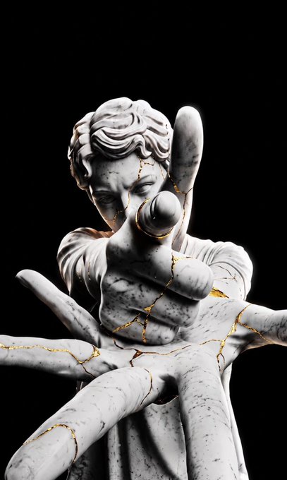 A white marble statue of a young figure with golden cracks running through it, showing multiple hands reaching outward toward the viewer against a black background.