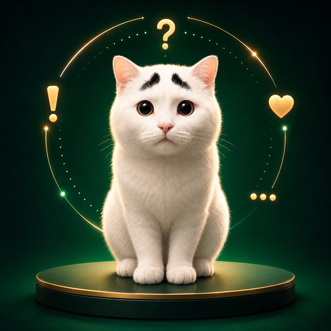 A digital illustration of a small white cat with drawn-on angry eyebrows sitting on a circular green platform, surrounded by a glowing circle featuring a question mark, exclamation point, heart, and speech bubble icons.