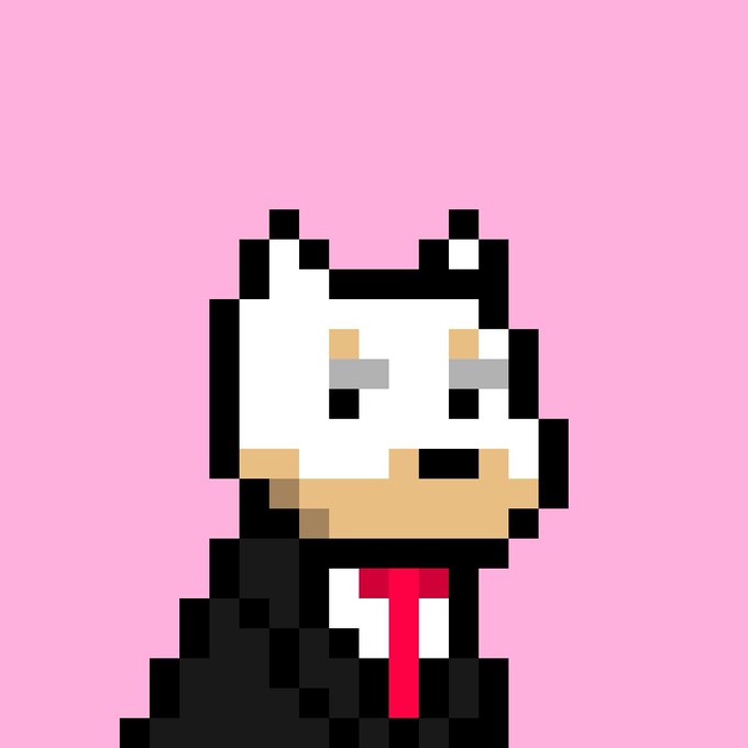 A pixel art character featuring a white blocky head with cat ears, a black suit, and a red tie, set against a solid pink background.