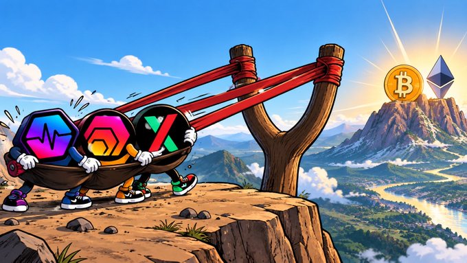 Illustration of cryptocurrency logos (Polygon, UniSwap, and Avalanche) using a giant slingshot to launch Bitcoin and Ethereum logos towards a mountain in the distance.