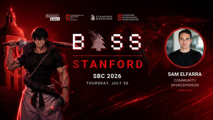 A promotional banner for 'BKSS STANFORD SBC 2026' event on Thursday, July 30, featuring blockchain-related logos, a muscular anime character with a sword, and a speaker portrait of Sam ElFarra (Community Spokesperson, Tron DAO).