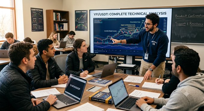 A group of people gather around a table in what appears to be a classroom or workshop setting, while a man points to a screen displaying a 'YFJ/USDT: COMPLETE TECHNICAL ANALYSIS' chart with breakout and support/resistance notes on the chalkboard behind him.