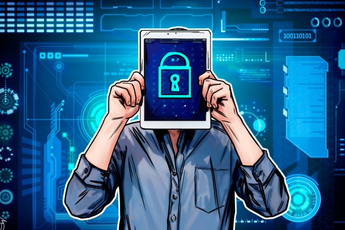 A digital illustration of a person holding a tablet displaying a green padlock icon on a blue screen, set against a futuristic technological background with circuit patterns and binary code.