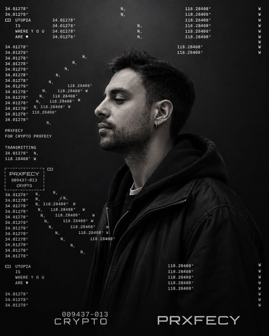 A black-and-white profile shot of a bearded man in a hooded jacket, set against a dark background overlaid with GPS-style coordinates (34.01278° N, 118.28408° W) and text including "UTOPIA IS WHERE Y O U ARE ♥," "PRXFECY FOR CRYPTO," "TRANSMITTING," "009437-013 CRYPTO," and the "PRXFECY" branding—evoking a high-tech, crypto-themed GM (good morning) post teasing a major announcement.