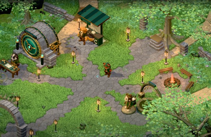 An overhead view of an isometric fantasy video game scene featuring a character in a lush garden environment with stone paths, a large circular vault door, a campfire, and various NPCs.