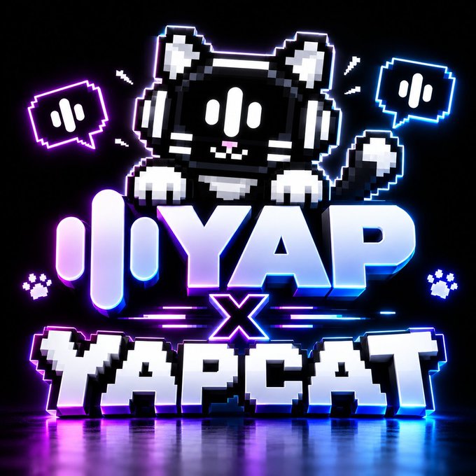 A neon-lit digital graphic featuring a pixelated black and white cat mascot above stylized 3D text reading "IYAP x YAPCAT" with chat bubble icons.