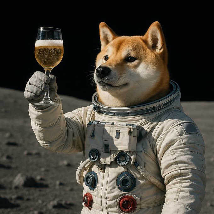 A Shiba Inu dog dressed in an astronaut suit on the moon's surface toasts with a glass of champagne, symbolizing the celebratory mood of $SHIB climbing back to the top 26 in crypto rankings. The image playfully merges the "dog on the moon" meme theme with the "cheers" sentiment to mark the milestone.
