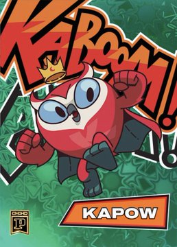 The image displays a red, superhero-style bird character wearing a crown and cape, set against a green background with the large text "KABOOM!" and a banner reading "KAPOW" at the bottom.