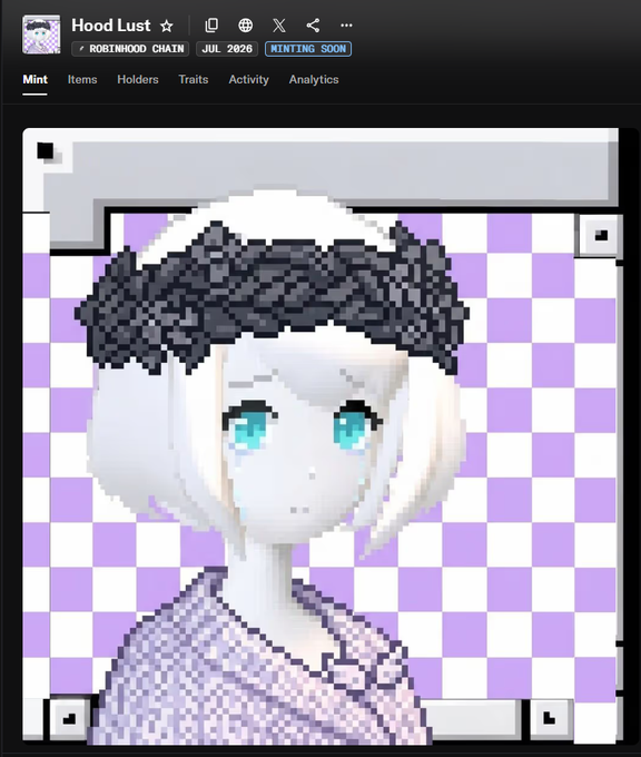 A pixel art NFT collection page titled 'Hood Lust' showing a character with white hair, blue eyes, and a black hood on a purple checkered background, with tabs for Mint, Items, Holders, Traits, Activity, and Analytics.