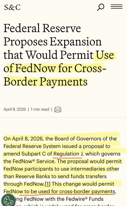 The image shows an article titled "Federal Reserve Proposes Expansion that Would Permit Use of FedNow for Cross-Border Payments," dated April 9, 2026, discussing the Federal Reserve's proposal to amend Subpart C of Regulation J to allow FedNow participants to use non-Reserve Bank intermediaries for cross-border transfers.

The image relates to the accompanying post by illustrating how Ripple's Jess Cheng (a former Fed official) is connected to the FedNow expansion, suggesting a pathway where FedNow could eventually integrate with blockchain-based settlement solutions like XRP for cross-border payments.