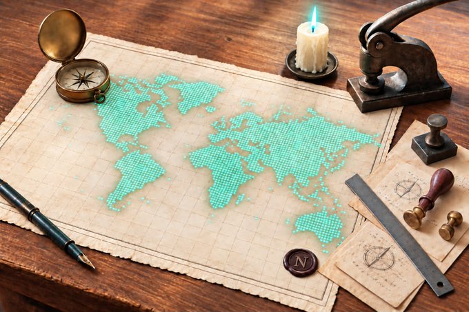 A digital composite image showing a pixelated teal world map on parchment paper surrounded by vintage items including a brass compass, candle, wax stamp, fountain pen, and ruler on a wooden desk.