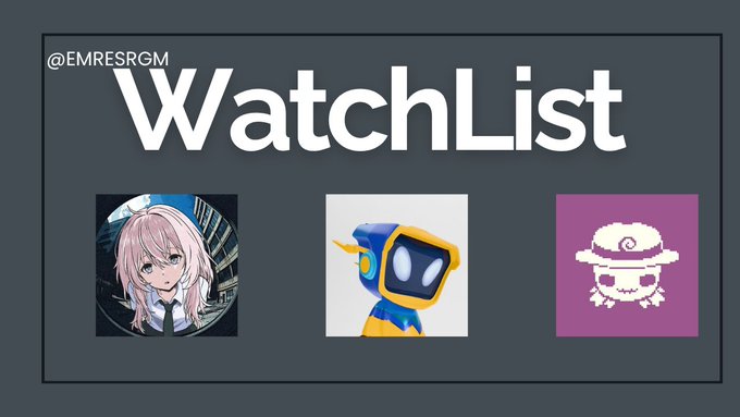 A graphic titled 'WatchList' by @EMRESRGM displaying three icons: an anime-style character, a robot, and a purple pixel art creature.