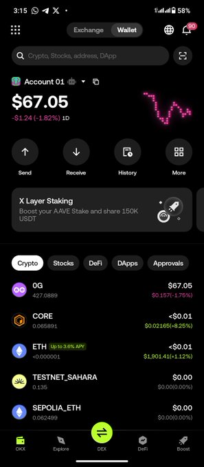 A mobile cryptocurrency wallet screenshot showing an account balance of $67.05 (down 1.82%), with navigation tabs for Send, Receive, History, and More. Below, a portfolio lists holdings including 0G ($67.05), CORE (<$0.01), ETH (<$0.01), TESTNET_SAHARA ($0.00), and SEPOLIA_ETH ($0.00).