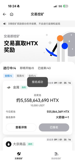 A Huobi/HTX mobile app screenshot showing the "交易挖矿" (Trade Mining) page featuring a "金属" (Metals) event with a prize pool of approximately 5,558,643,690 HTX ($10,000 USDT), a registration requirement of ≥1 rocket, and a "报名成功" (Registration Successful) notification. The image visually supports the post's claim about Huobi Global's trade-mining event turning fees into rewards, displaying the "已报名" (Registered) status that confirms the poster's participation in the promotional event.