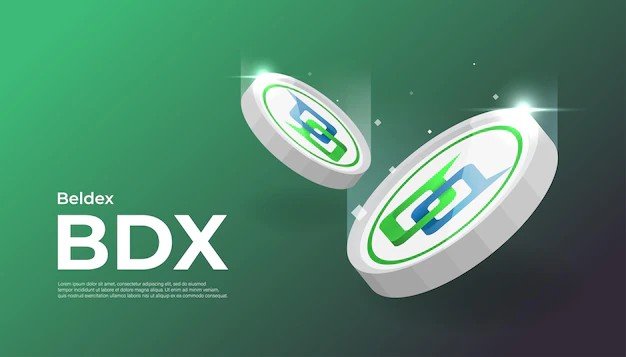 A promotional graphic features two stylized 3D BDX coin tokens floating against a green gradient background, with the text "Beldex BDX" prominently displayed alongside placeholder lorem ipsum text. The visual showcases the Beldex coin as a versatile digital asset, complementing the post's message about BDX's availability across centralized exchanges, decentralized exchanges, and swaps as the native utility token of the Beldex network.