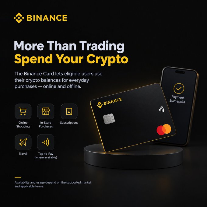 A Binance advertisement titled "More Than Trading: Spend Your Crypto" showcases a sleek black Binance Card and smartphone displaying a "Payment Successful" confirmation, highlighting use cases including Online Shopping, In-Store Purchases, Subscriptions, Travel, and Tap-to-Pay. The image visually reinforces the post's message about using crypto for everyday spending beyond just trading.