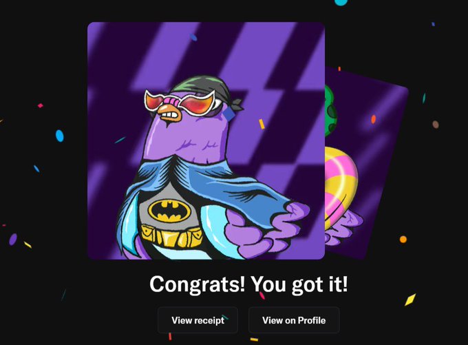 A celebratory screen displays a cartoonish purple monster character wearing sunglasses and a Batman-themed outfit, with confetti scattered across a dark background. The text reads "Congrats! You got it!" with buttons for "View receipt" and "View on Profile," indicating a successful NFT purchase from RallyOnChain related to genlayer.