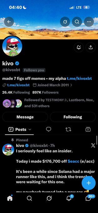 Twitter/X profile screenshot for 'kivo' (@kivoxbt), showing 897K followers and a pinned post mentioning earnings of $176,700 off $eacc.