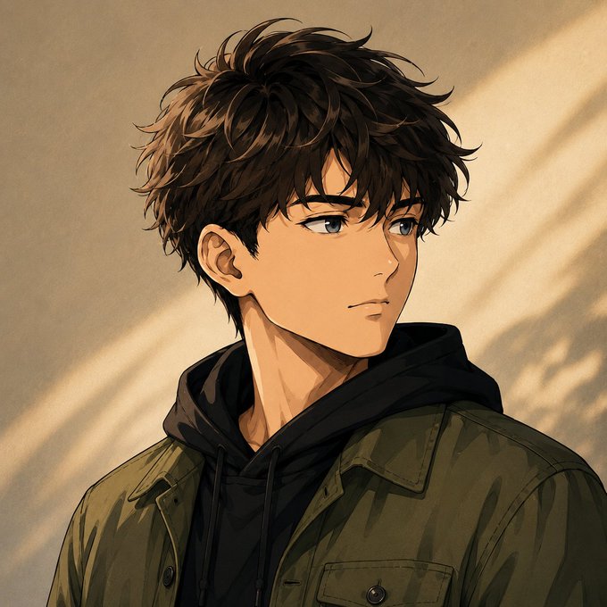 An anime-style illustration of a young man with messy brown hair, wearing a dark hoodie under an olive green jacket, looking to the side.