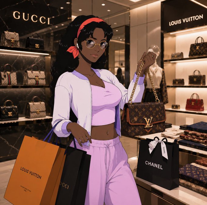 An anime-style illustration of a dark-skinned woman wearing a red headband and lavender outfit, holding a Louis Vuitton bag and shopping bags from Gucci and Chanel in a luxury store.