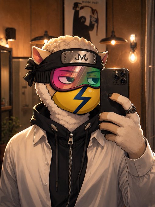 An anthropomorphic sheep character wearing a colorful ninja-style mask with an 'M' headband takes a mirror selfie with an iPhone.