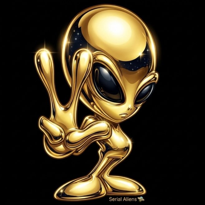 A shiny golden alien figure stands against a black background with a starry reflection in its large head, raising two fingers in a peace sign; the watermark 'Serial Aliens' appears at the bottom.