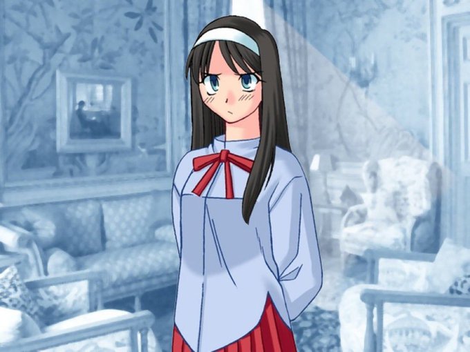 Anime illustration of a girl with long brown hair wearing a white headband, blue top with red bow, and red skirt standing in a vintage blue-toned room.