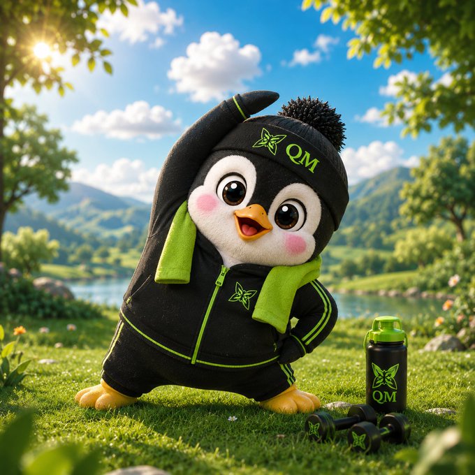 A cheerful cartoon penguin mascot wearing a black and neon green tracksuit with "QM" branding strikes a playful pose beside matching "QM" water bottle and dumbbells, perfectly matching the post's uplifting "Gm" message of mindful fitness and steady progress from @quipnetwork.