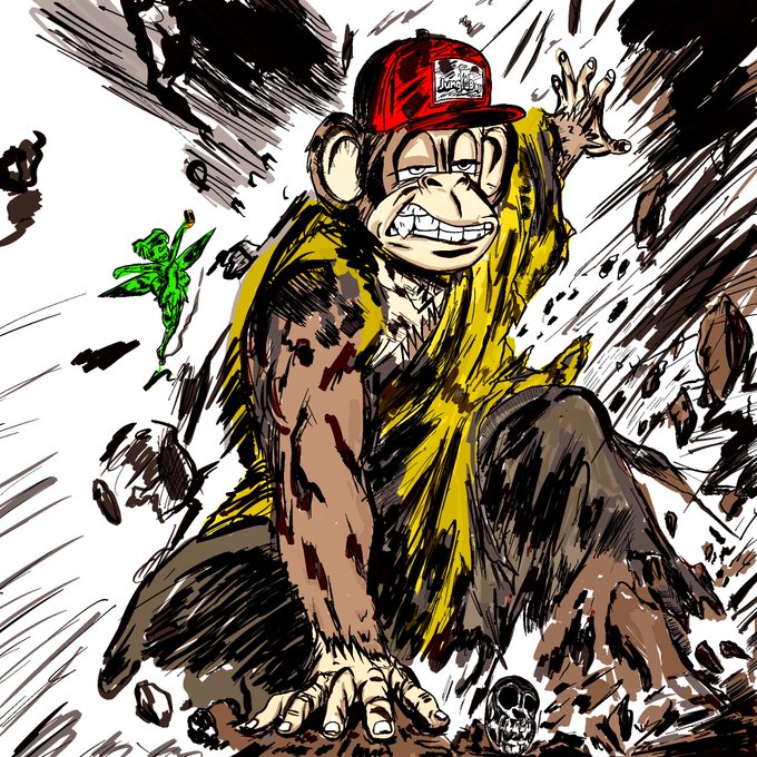 A comic-style illustration of a menacing monkey in a yellow shirt and red cap bursting through debris, with a small green female figure flying in the air behind it.
