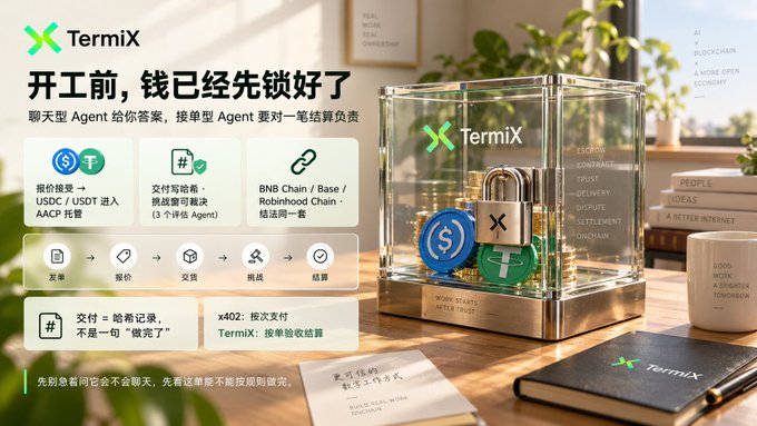 A promotional graphic for TermiX, a cryptocurrency escrow service, featuring the tagline '开工前，钱已经先锁好了' and icons showing USDC/USDT and BNB Chain integration, with a glass box containing a lock and cryptocurrency symbols.