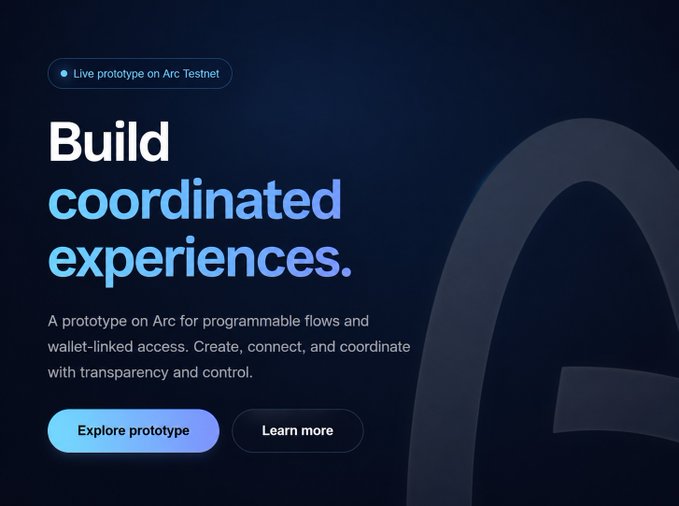 A dark-themed promotional graphic reading 'Build coordinated experiences' for a live prototype on Arc Testnet, with buttons for 'Explore prototype' and 'Learn more'.