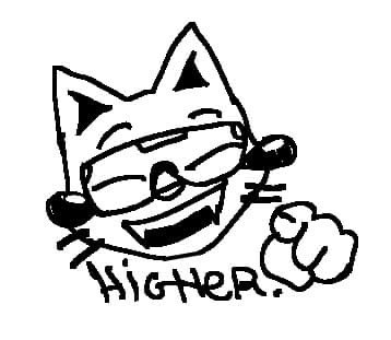 A simple black-and-white line drawing of a happy cartoon cat pointing upwards with the word 'HIGHER.' written below it.