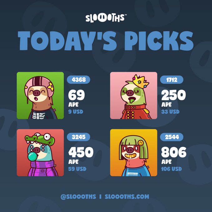 The image features four cartoon characters with different clothing sizes, including a large size. They are positioned in front of squares displaying their respective prices for APE (Ape) and USD (US dollar). One character has a price tag of 450 APE, another shows 360 APE, the third is priced at 86 US dollars, while the fourth costs 250 US dollars. A user would be able to choose one of these characters based on their preference in terms of size or cost.