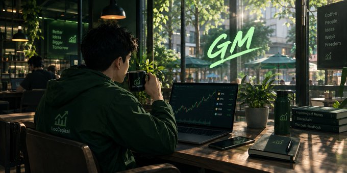 A person wearing a "LocalCapital" hoodie sips coffee while reviewing a green upward-trending chart on their laptop in a sunlit café, with a large "GM" graphic glowing in the window—perfectly capturing the post's message of peaceful weekend vibes and the "asset" of a calm mind reflected in bullish green charts.