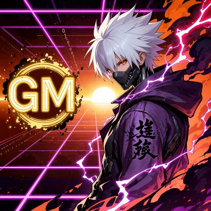 An anime-style character with spiky white hair, glowing orange eyes, and a black face mask stands in profile wearing a dark purple hooded jacket with the kanji "珪酸" (silicate) on the back, set against a vibrant retro-futuristic backdrop of neon pink grid lines, flames, and a "GM" emblem in glowing gold — visually bringing the "gm" (good morning) greeting to life as an energetic, stylized crypto/web3 art piece.