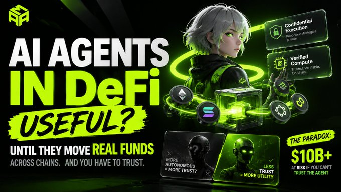 A promotional graphic reading 'AI AGENTS IN DeFi USEFUL?' with the tagline 'UNTIL THEY MOVE REAL FUNDS ACROSS CHAINS. AND YOU HAVE TO TRUST.' and a sidebar highlighting 'THE PARADOX: $10B+ AT RISK IF YOU CAN'T TRUST THE AGENT'.