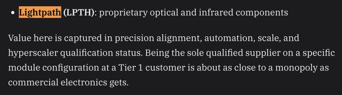 A dark slide with bullet points about 'Lightpath (LPTH)', describing their proprietary optical and infrared components and their monopoly-like status as a sole qualified supplier.