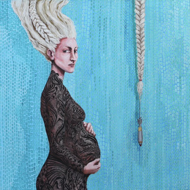 A digital painting of a pale pregnant woman with long flowing white braided hair and an intricately patterned black lace outfit against a textured blue background.