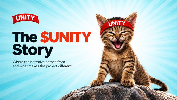 A promotional banner titled 'The $UNITY Story' with the tagline 'Where the narrative comes from and what makes the project different,' featuring a cheerful tabby kitten wearing a red 'UNITY' headband while sitting on a rock.
