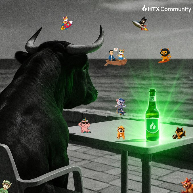 A surreal digital artwork for the HTX Community features a black bull with green illuminated eyes staring at a glowing green bottle, surrounded by various cartoon characters like cats, dogs, and figures in a boat.