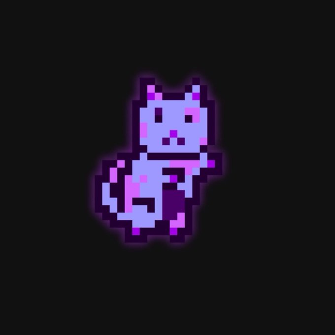 Pixel art style illustration of a small purple and pink cat-like creature with a glowing outline against a black background.