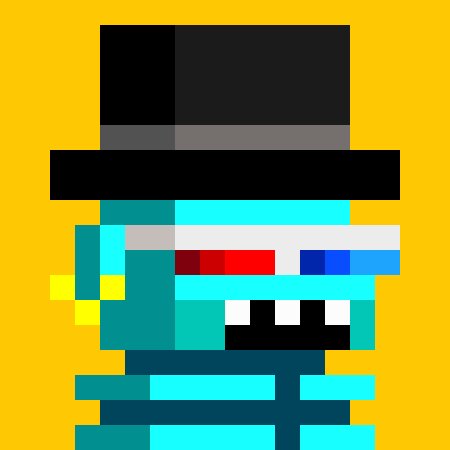 A pixel art illustration of a blue character wearing a black top hat and futuristic visor on a yellow background.