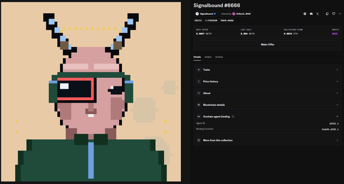 A pixel art portrait of a horned character wearing a green VR headset, displayed on the OpenSea NFT marketplace as Signalbound #6666 by 0xdacti_6666.