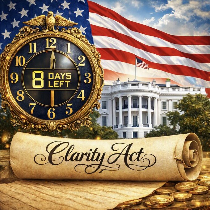 An ornate gold clock displaying "8 DAYS LEFT" alongside an American flag and the White House, with a parchment scroll labeled "Clarity Act" and scattered coins, visually reinforcing the post's urgency about the upcoming Clarity Act vote and its potential to drive institutional investment in $XRP.