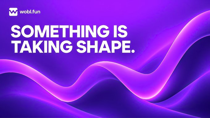 A sleek purple promotional banner from wobl.fun featuring flowing wave graphics and the bold text "SOMETHING IS TAKING SHAPE." The image appears to be unrelated to the post's $15 SOL giveaway announcement.